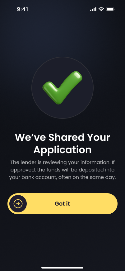 Application shared with lender confirmation screen